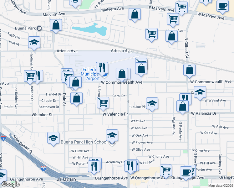 map of restaurants, bars, coffee shops, grocery stores, and more near 3809 Carol Drive in Fullerton