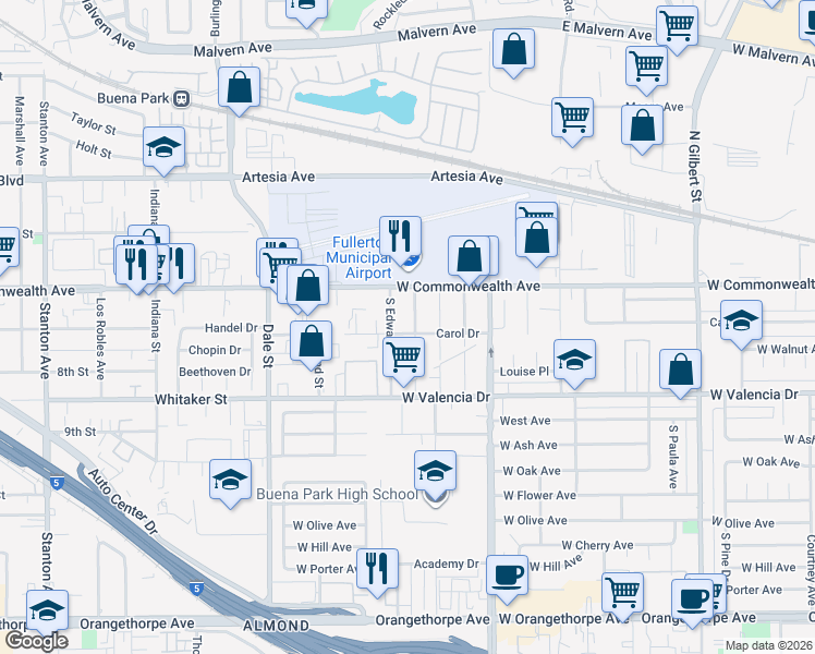 map of restaurants, bars, coffee shops, grocery stores, and more near 4005 Carol Drive in Fullerton