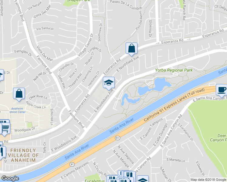map of restaurants, bars, coffee shops, grocery stores, and more near 7596 East Woodsboro Avenue in Anaheim