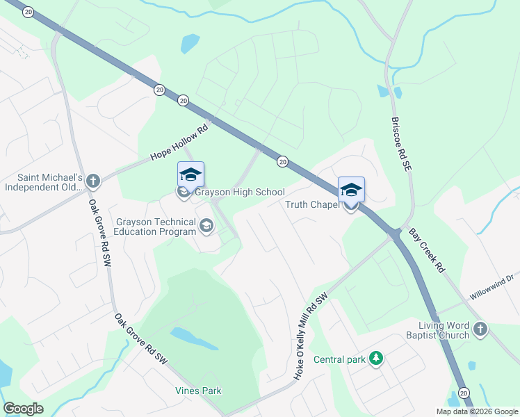 map of restaurants, bars, coffee shops, grocery stores, and more near 3310 Gardenside Drive Southwest in Loganville