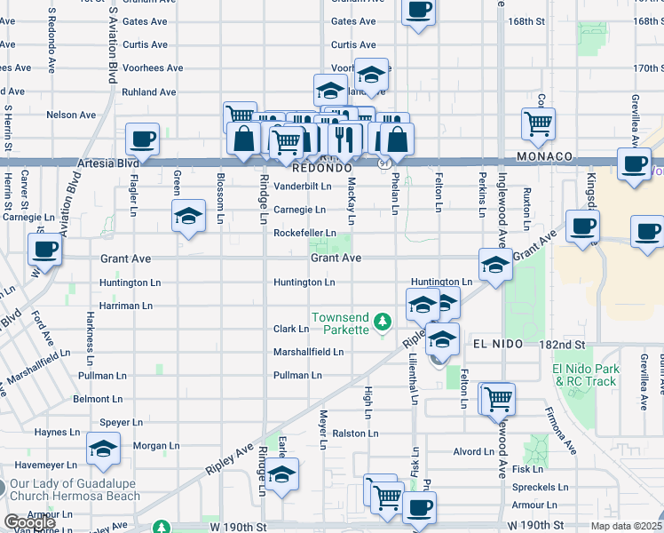 map of restaurants, bars, coffee shops, grocery stores, and more near 2312 Grant Avenue in Redondo Beach