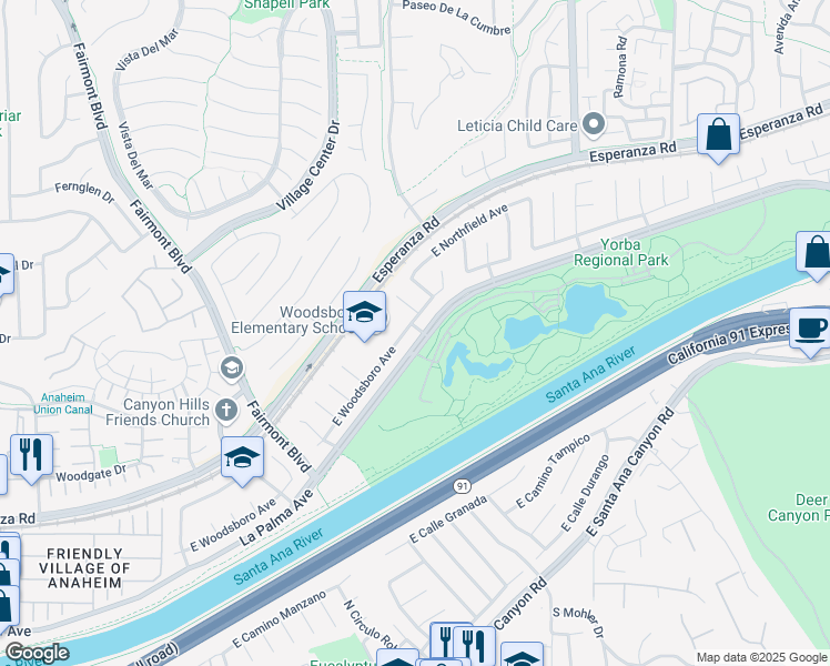 map of restaurants, bars, coffee shops, grocery stores, and more near 7596 East Woodsboro Avenue in Anaheim