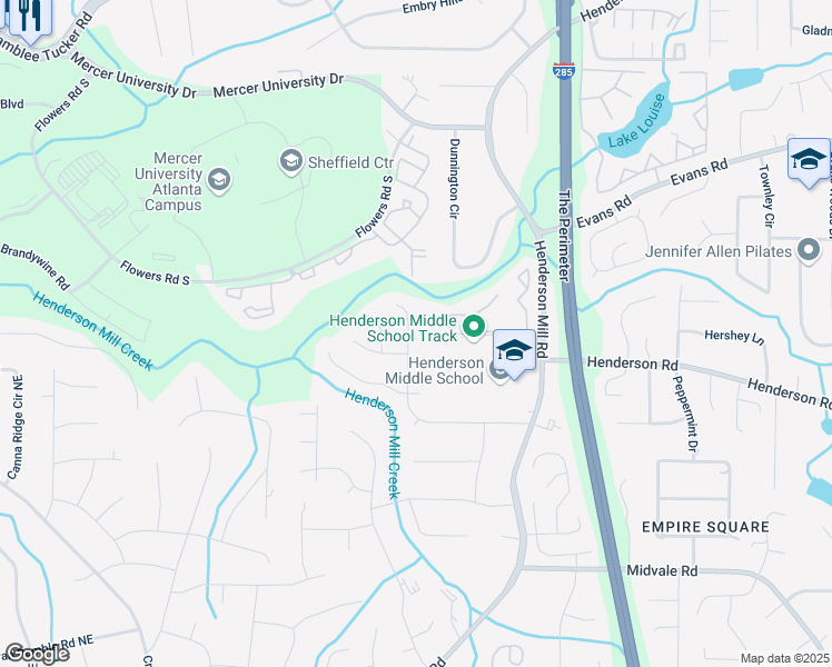 map of restaurants, bars, coffee shops, grocery stores, and more near 3150 Bolero Drive in Atlanta