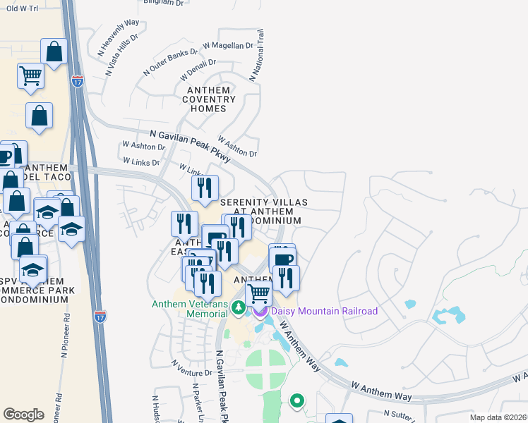 map of restaurants, bars, coffee shops, grocery stores, and more near 42424 North Gavilan Peak Parkway in Anthem