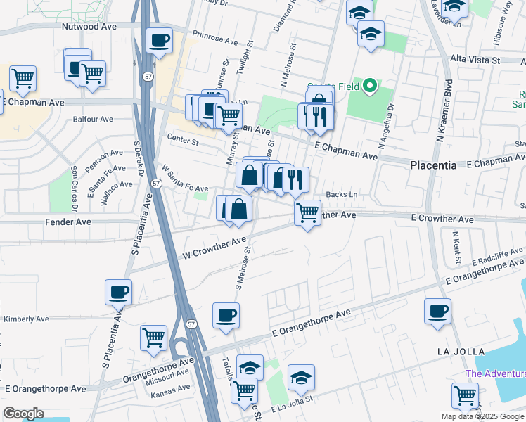 map of restaurants, bars, coffee shops, grocery stores, and more near 312 South Melrose Street in Placentia