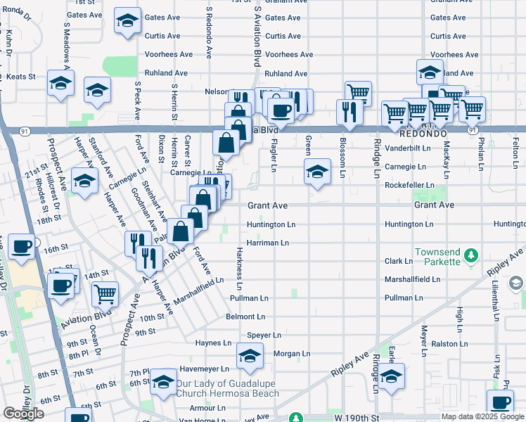 map of restaurants, bars, coffee shops, grocery stores, and more near 1814 Grant Avenue in Redondo Beach