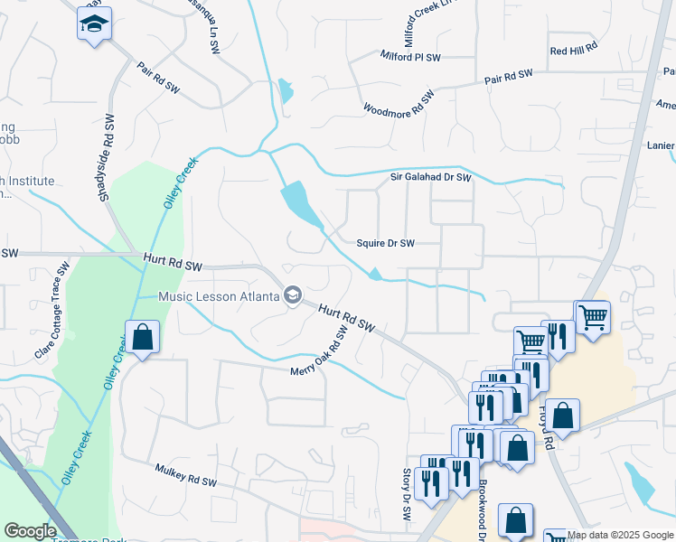 map of restaurants, bars, coffee shops, grocery stores, and more near 1811 Killarney Dr SW in Marietta
