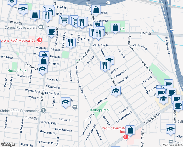 map of restaurants, bars, coffee shops, grocery stores, and more near 645 Lancer Lane in Corona