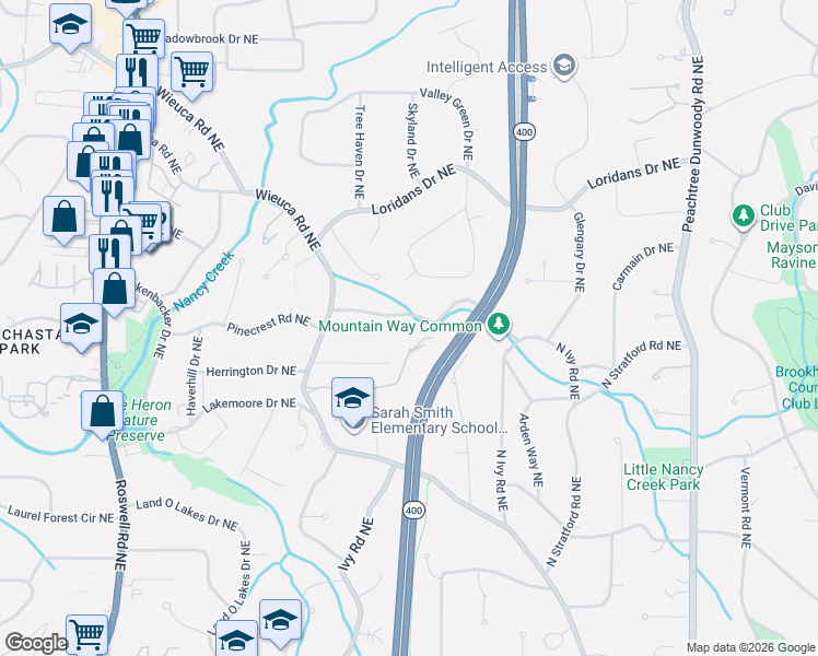 map of restaurants, bars, coffee shops, grocery stores, and more near 585 Mountain Way Northeast in Atlanta