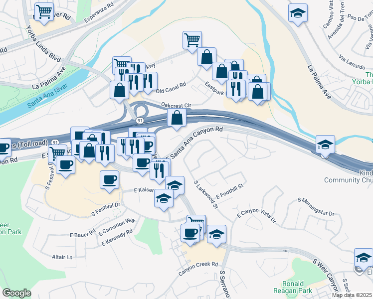 map of restaurants, bars, coffee shops, grocery stores, and more near 8437 East Amberwood Street in Anaheim