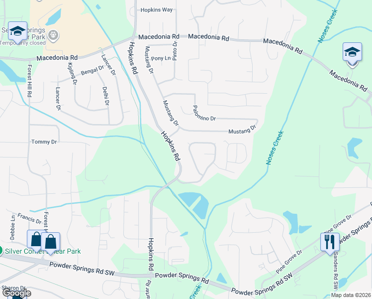 map of restaurants, bars, coffee shops, grocery stores, and more near 3634 Hopkins Court in Powder Springs