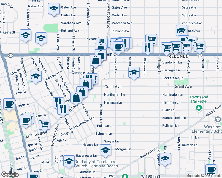 map of restaurants, bars, coffee shops, grocery stores, and more near 1814 Grant Avenue in Redondo Beach