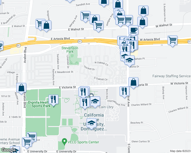 map of restaurants, bars, coffee shops, grocery stores, and more near 17661 Loganberry Road in Carson