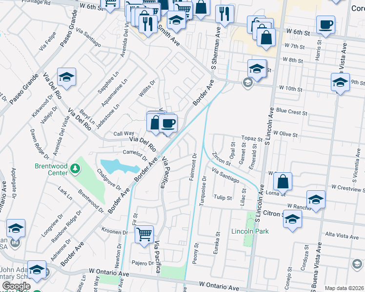 map of restaurants, bars, coffee shops, grocery stores, and more near 1517 Coyote Circle in Corona