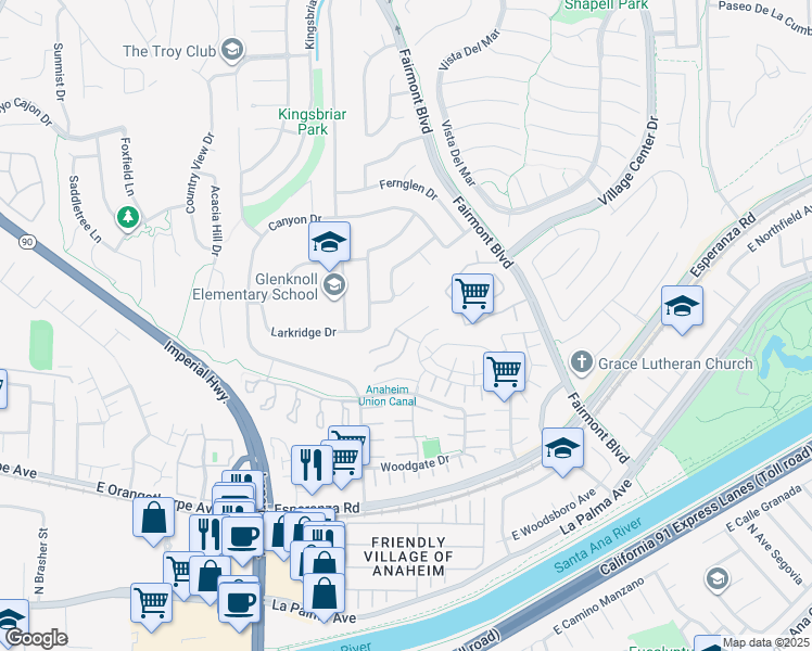 map of restaurants, bars, coffee shops, grocery stores, and more near 19964 Ridge Manor Way in Yorba Linda