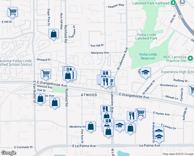 map of restaurants, bars, coffee shops, grocery stores, and more near 250 South Highland Avenue in Placentia