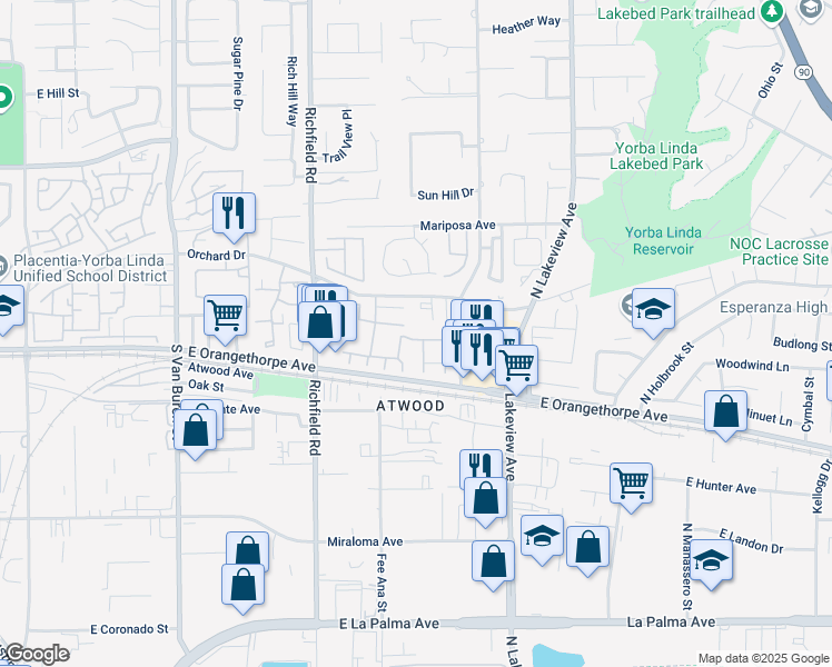 map of restaurants, bars, coffee shops, grocery stores, and more near 1951 Boisseranc Lane in Placentia