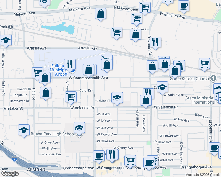 map of restaurants, bars, coffee shops, grocery stores, and more near 137 South Pritchard Avenue in Fullerton