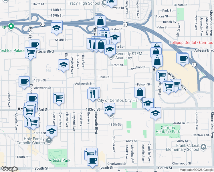 map of restaurants, bars, coffee shops, grocery stores, and more near 17823 Belshire Avenue in Artesia