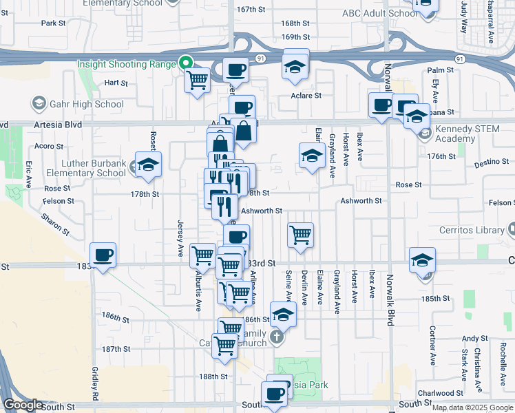 map of restaurants, bars, coffee shops, grocery stores, and more near 11861 Ashworth Street in Artesia