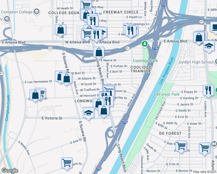 map of restaurants, bars, coffee shops, grocery stores, and more near 129 East Harcourt Street in Long Beach