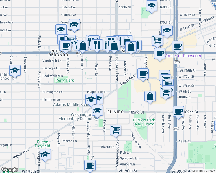 map of restaurants, bars, coffee shops, grocery stores, and more near 1504 Perkins Lane in Redondo Beach
