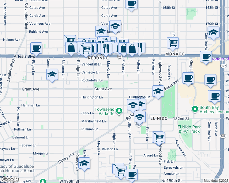 map of restaurants, bars, coffee shops, grocery stores, and more near 2408 Grant Avenue in Redondo Beach