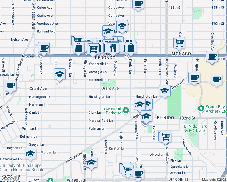map of restaurants, bars, coffee shops, grocery stores, and more near 2312 Grant Avenue in Redondo Beach