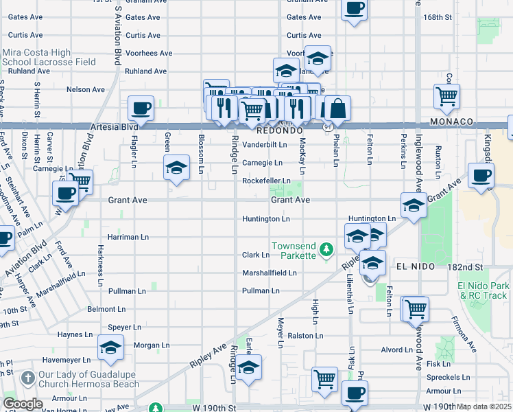 map of restaurants, bars, coffee shops, grocery stores, and more near 1507 Slauson Lane in Redondo Beach