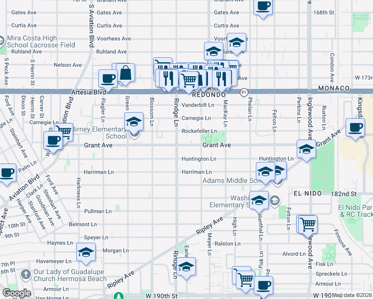 map of restaurants, bars, coffee shops, grocery stores, and more near 2203 Huntington Lane in Redondo Beach