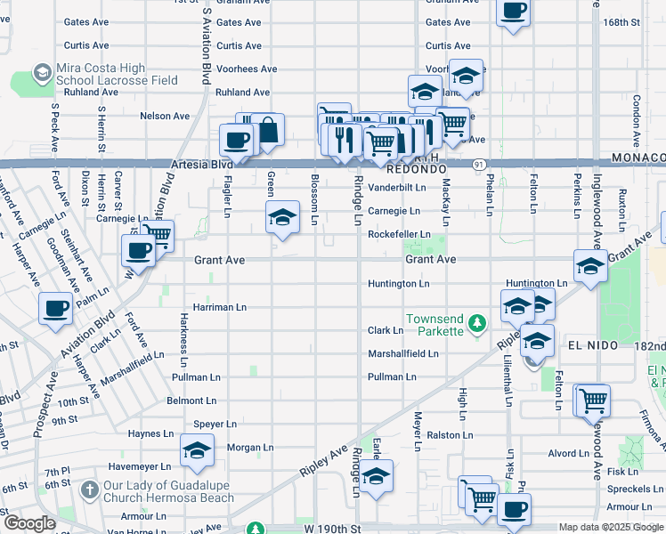 map of restaurants, bars, coffee shops, grocery stores, and more near 2108 Grant Avenue in Redondo Beach