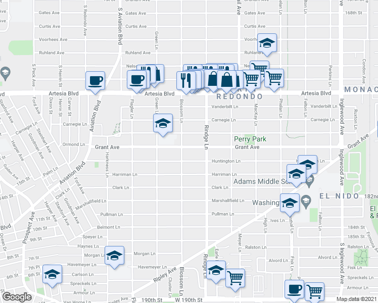 map of restaurants, bars, coffee shops, grocery stores, and more near 2108 Grant Avenue in Redondo Beach