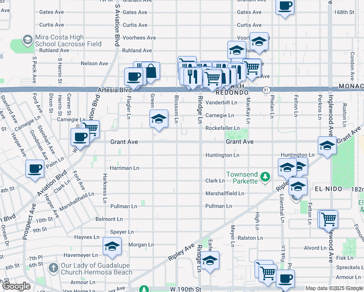 map of restaurants, bars, coffee shops, grocery stores, and more near 2108 Grant Avenue in Redondo Beach