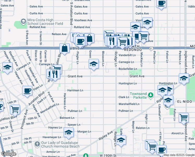 map of restaurants, bars, coffee shops, grocery stores, and more near 2014 Grant Avenue in Redondo Beach