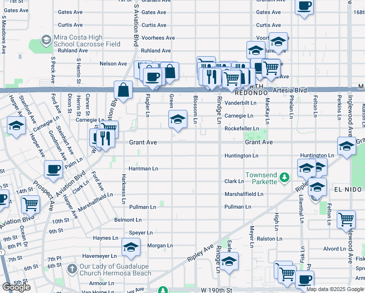 map of restaurants, bars, coffee shops, grocery stores, and more near 2014 Grant Avenue in Redondo Beach