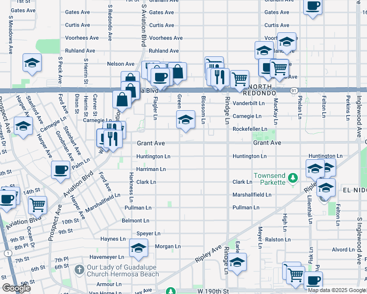 map of restaurants, bars, coffee shops, grocery stores, and more near 1507 Green Lane in Redondo Beach