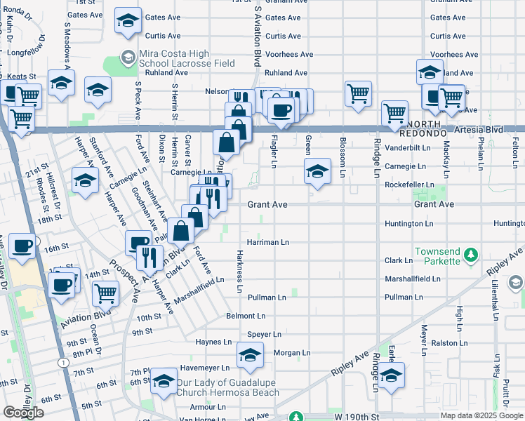 map of restaurants, bars, coffee shops, grocery stores, and more near 1814 Grant Avenue in Redondo Beach