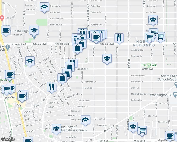 map of restaurants, bars, coffee shops, grocery stores, and more near 1814 Grant Avenue in Redondo Beach