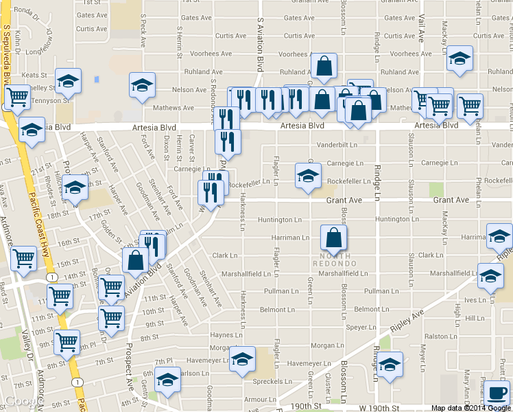 map of restaurants, bars, coffee shops, grocery stores, and more near 1814 Grant Avenue in Redondo Beach