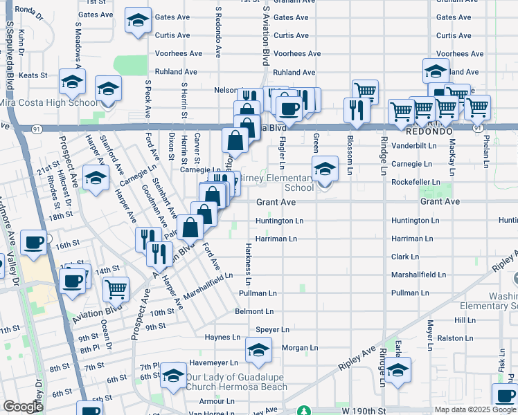 map of restaurants, bars, coffee shops, grocery stores, and more near 1814 Grant Avenue in Redondo Beach