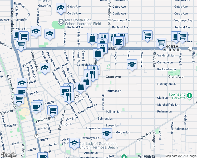 map of restaurants, bars, coffee shops, grocery stores, and more near 1717 Huntington Lane in Redondo Beach