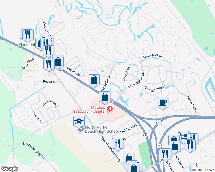 map of restaurants, bars, coffee shops, grocery stores, and more near 5 Plantation Drive in Little River