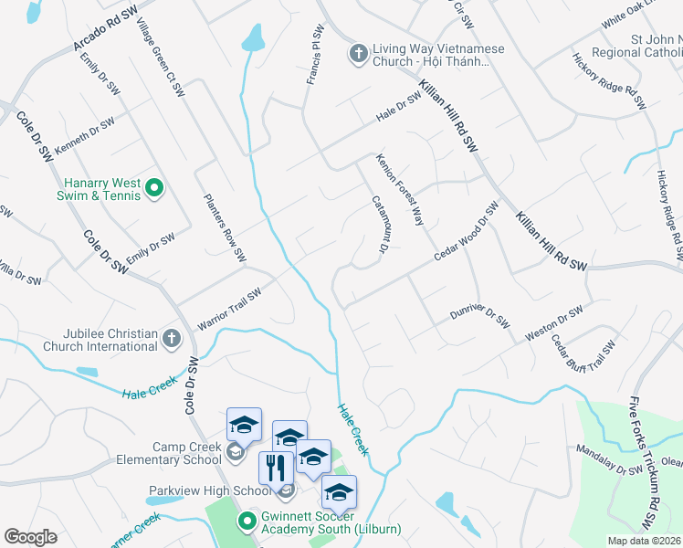 map of restaurants, bars, coffee shops, grocery stores, and more near 774 Hales Trace Way Southwest in Lilburn