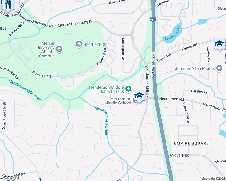 map of restaurants, bars, coffee shops, grocery stores, and more near 3150 Bolero Drive in Atlanta