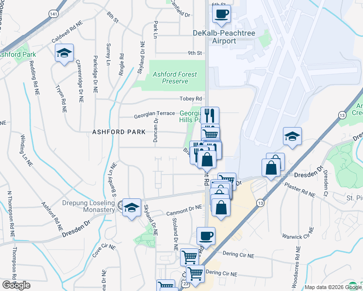 map of restaurants, bars, coffee shops, grocery stores, and more near 1879 Bragg Street in Chamblee