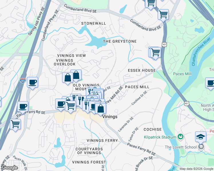 map of restaurants, bars, coffee shops, grocery stores, and more near 3064 Vinings Ridge Drive Southeast in Atlanta