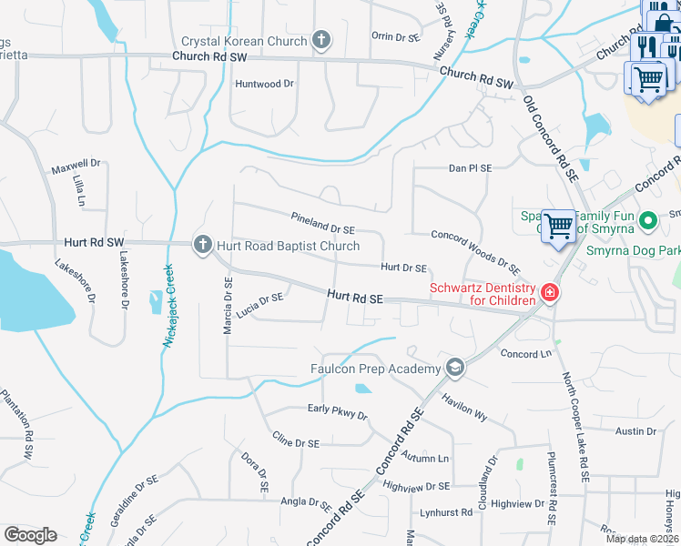 map of restaurants, bars, coffee shops, grocery stores, and more near 208 Hurt Drive Southeast in Smyrna