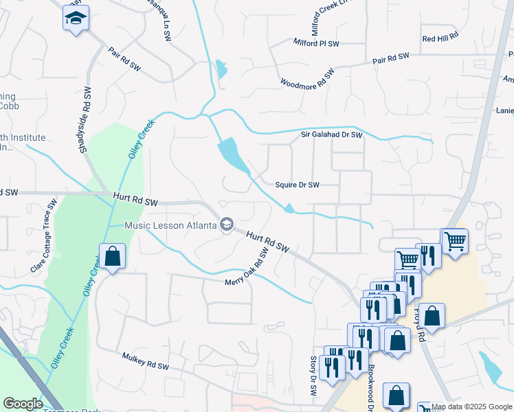 map of restaurants, bars, coffee shops, grocery stores, and more near 1811 Killarney Drive Southwest in Marietta