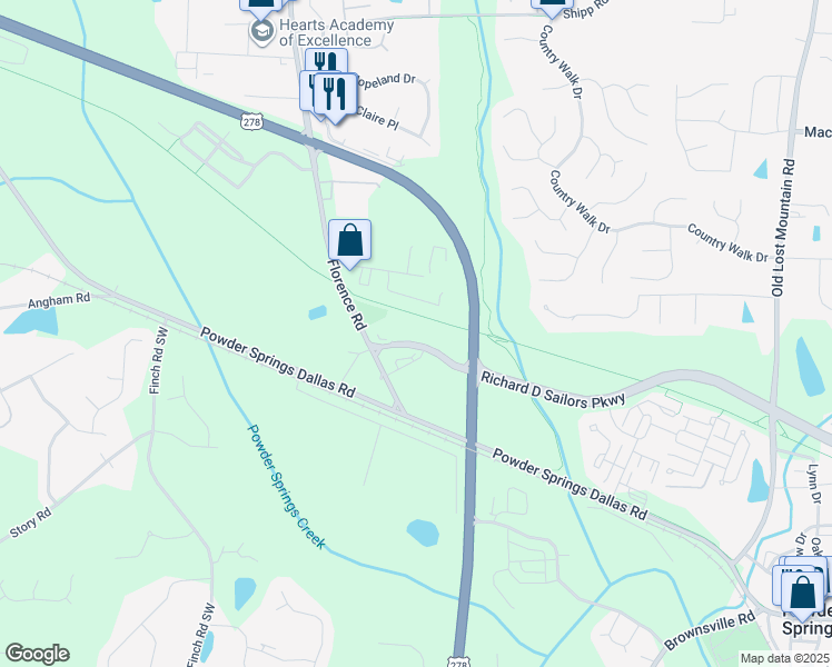 map of restaurants, bars, coffee shops, grocery stores, and more near 4900 Richard D Sailors Parkway in Powder Springs
