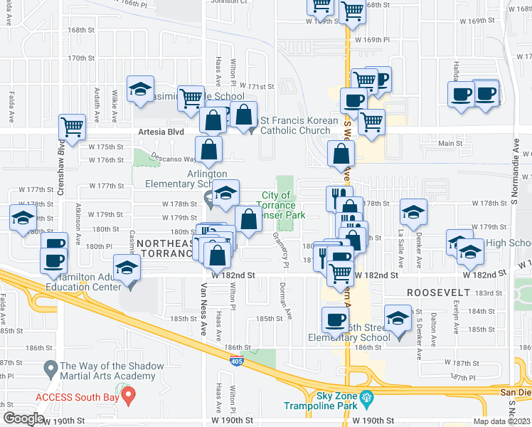 map of restaurants, bars, coffee shops, grocery stores, and more near 2011 West 179th Street in Torrance